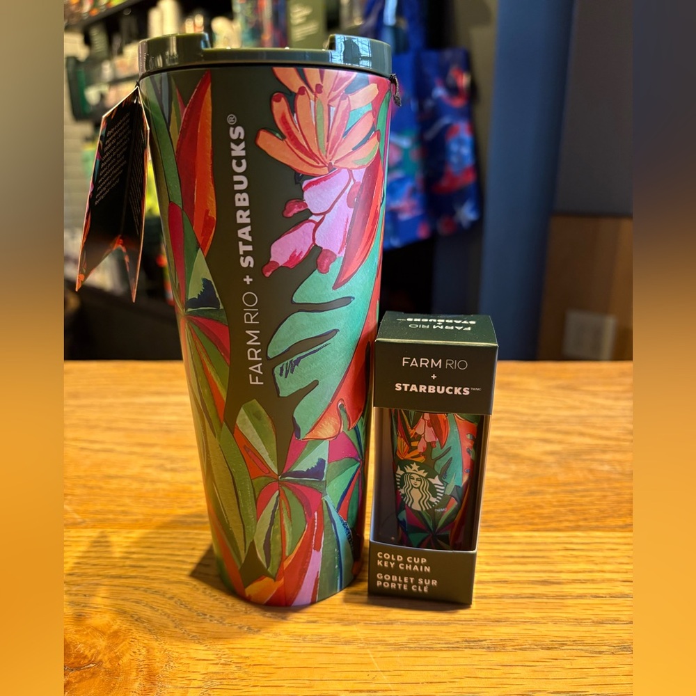 NWT Starbucks x Farm Rio collab. 16oz stainless steel cup w/matching key chain